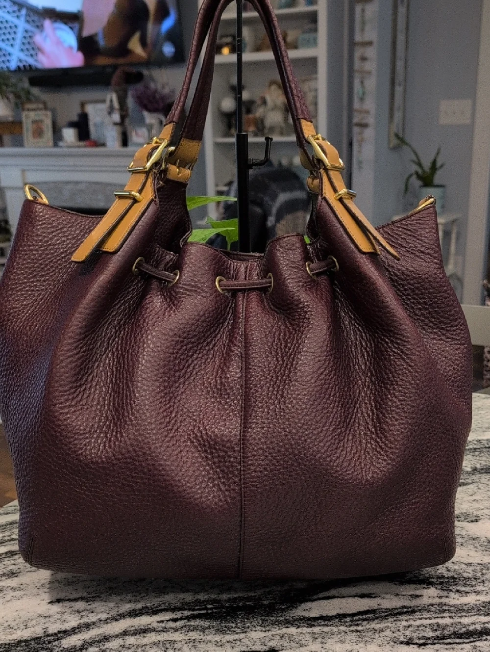 Coach Legacy Pebbled Leather Drawstring Satchel Bag - Eggplant
